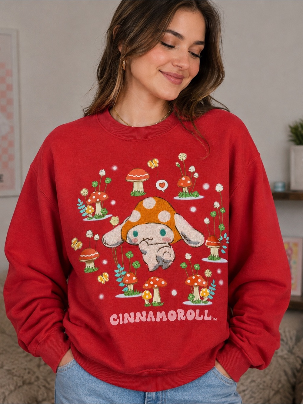 Sanrio Cinnamoroll Mushroom Crewneck Sweatshirt Red XL 2024 Kawaii